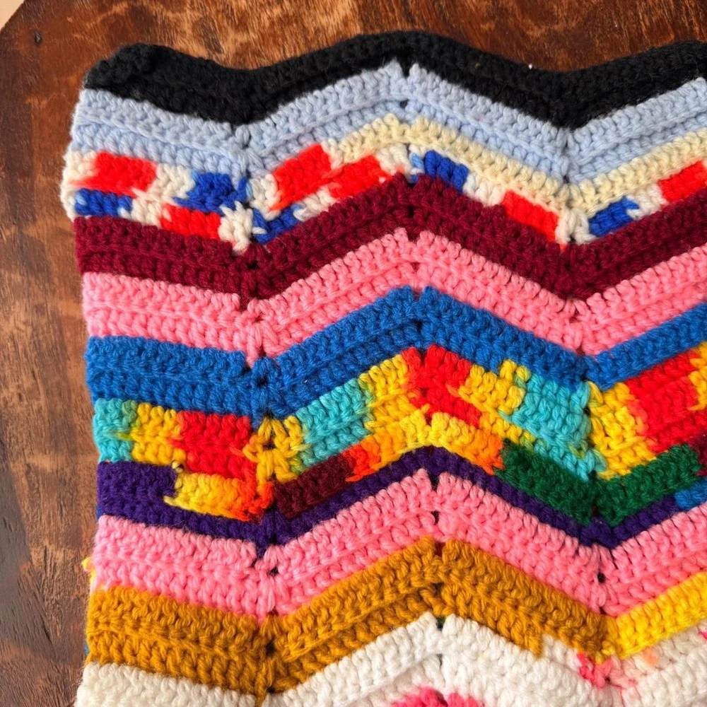 Handmade Afghan‎ Zigzag Crochet Chevron Blanket Multicolor Boho Cozy Throw
